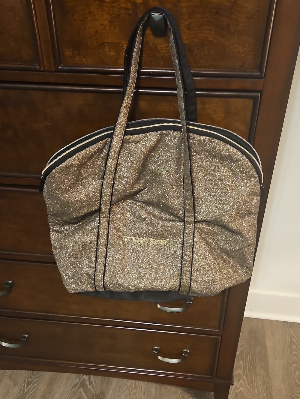 LARGE Victoria's Secret Sparkling Gold Tote Bag with Black Trim.
